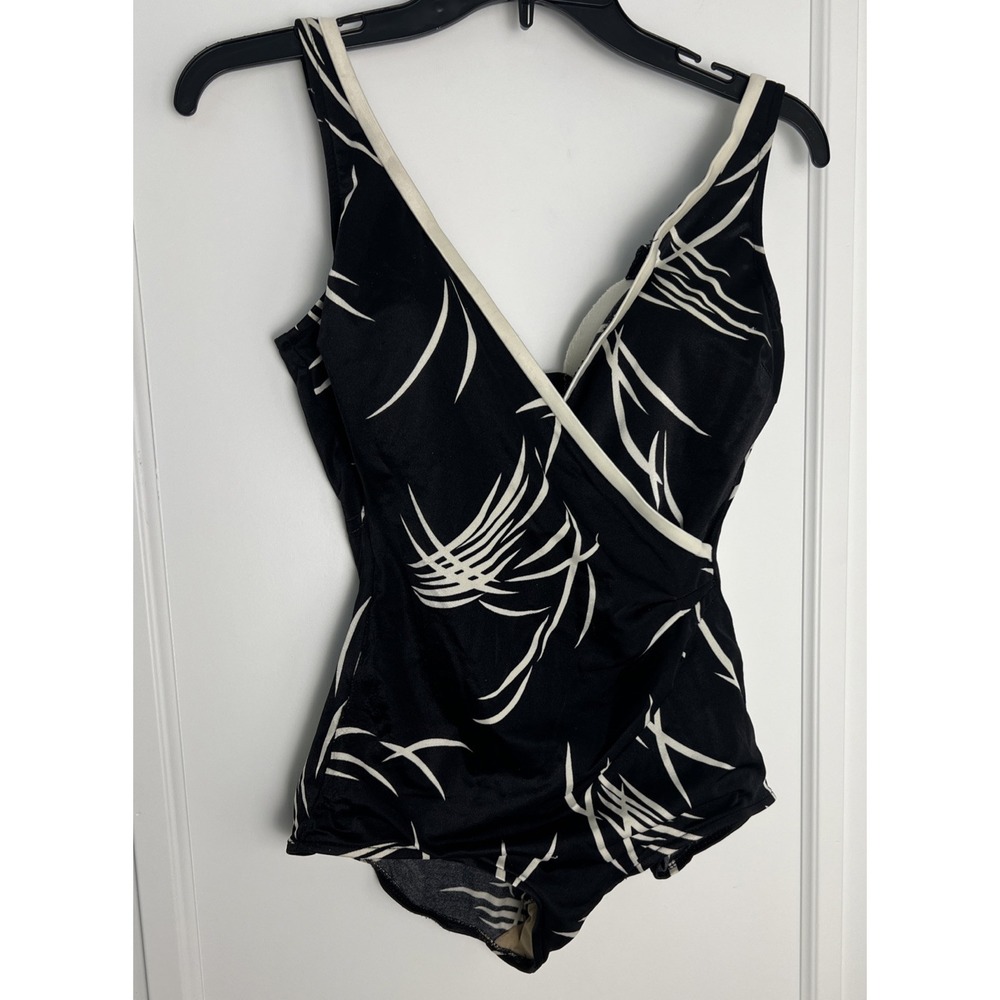 Vintage Maxine of Hollywood One Piece Swimsuit Womens Size 14 Black White Leaves